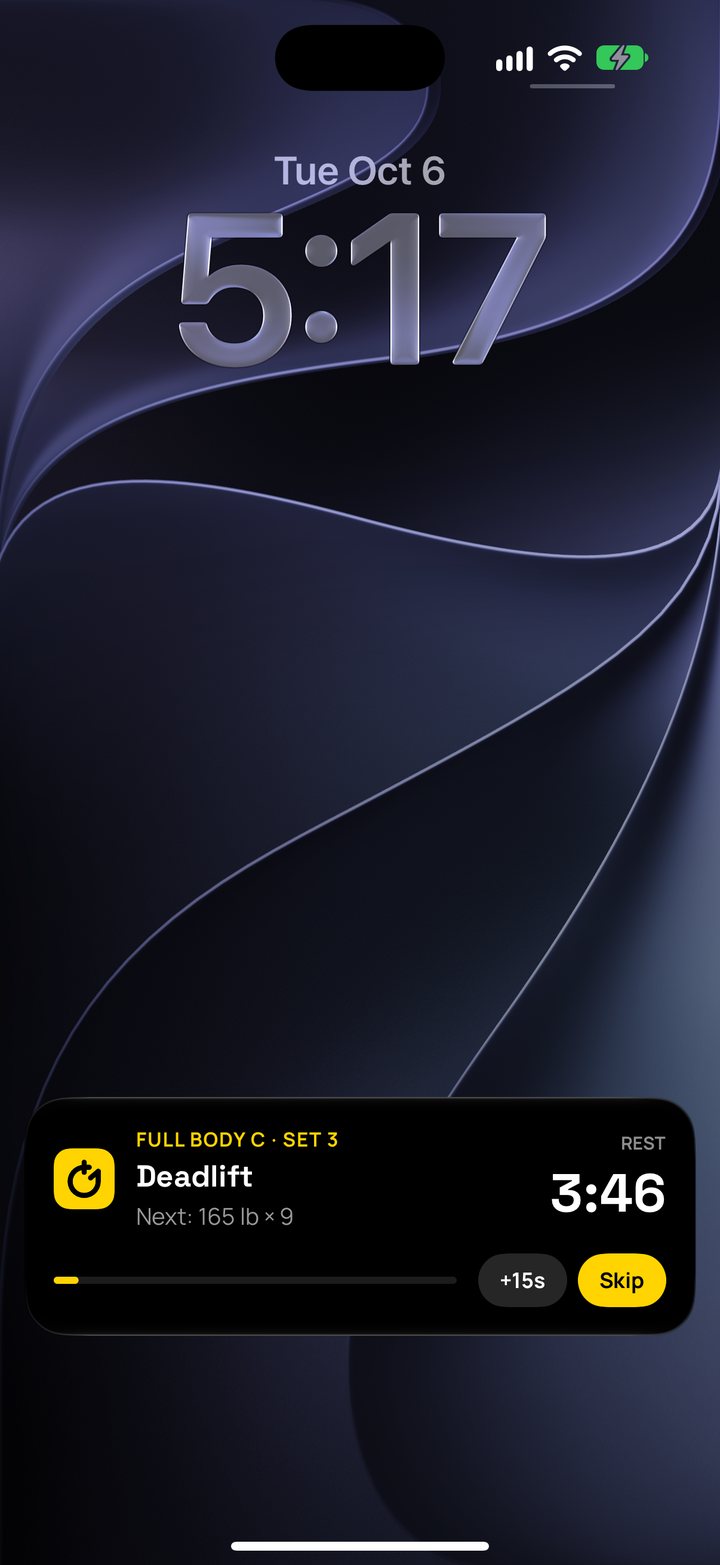 iPhone Lock Screen with the Plus One rest timer Live Activity