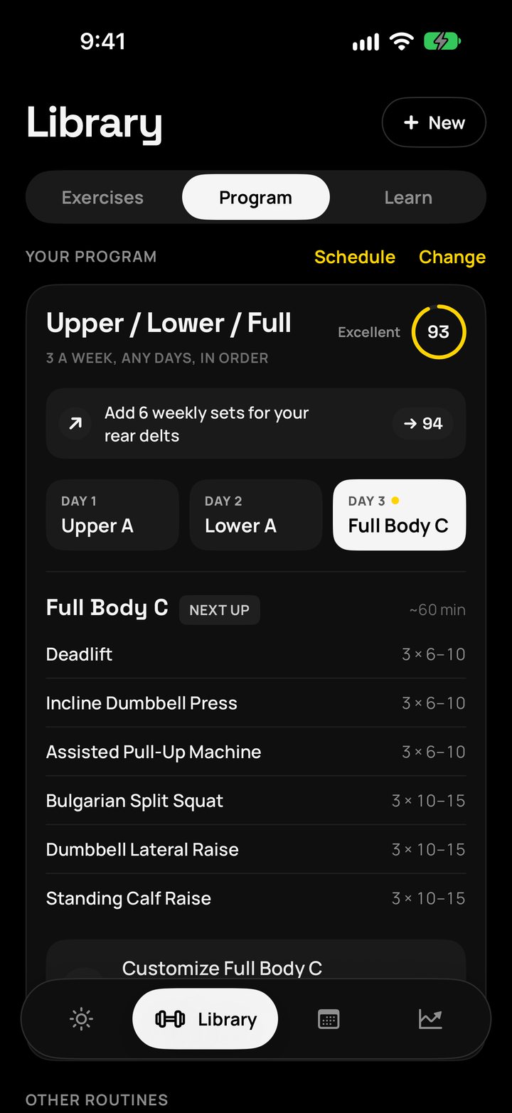 Program screen with the Program Score ring and the routines in rotation