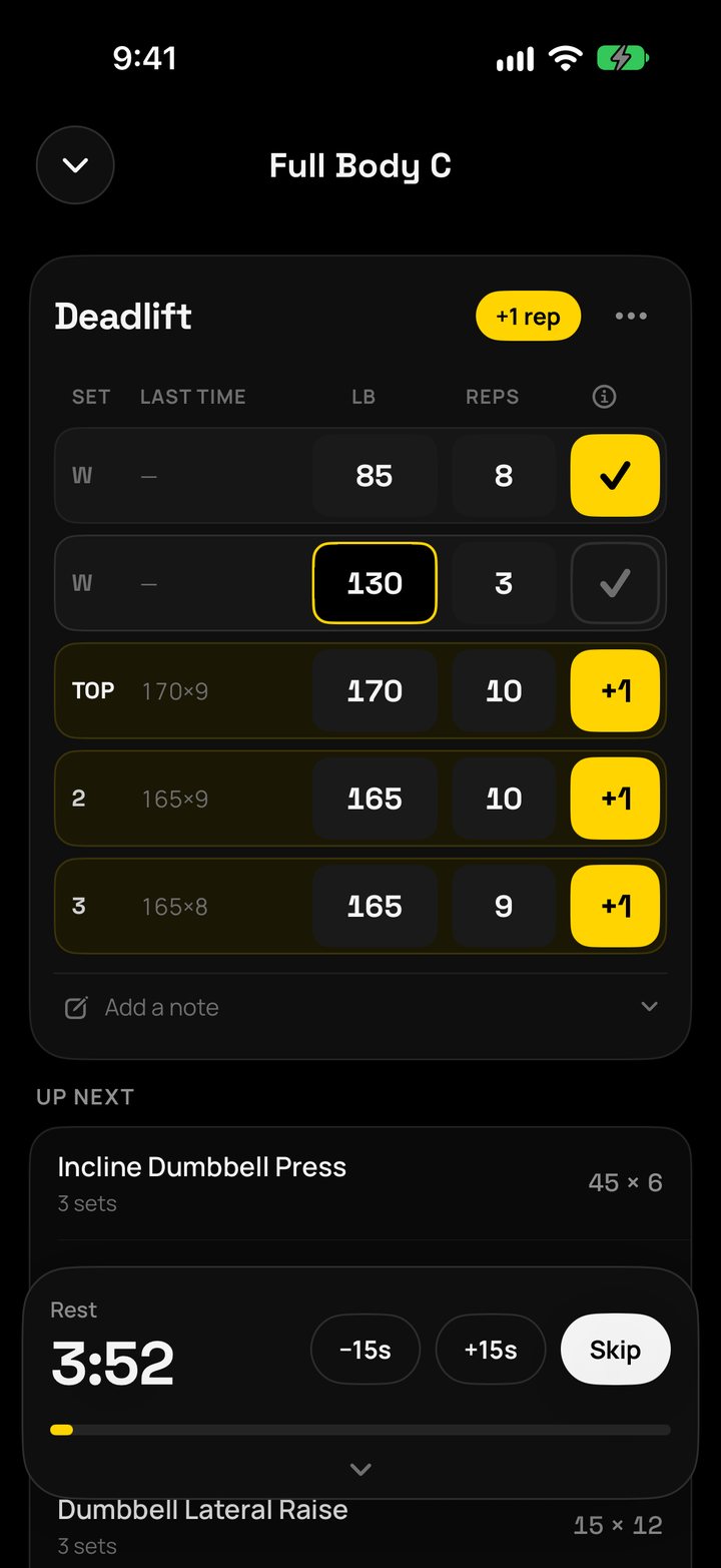 Plus One workout screen showing a +1 rep target and the weight and reps for each set